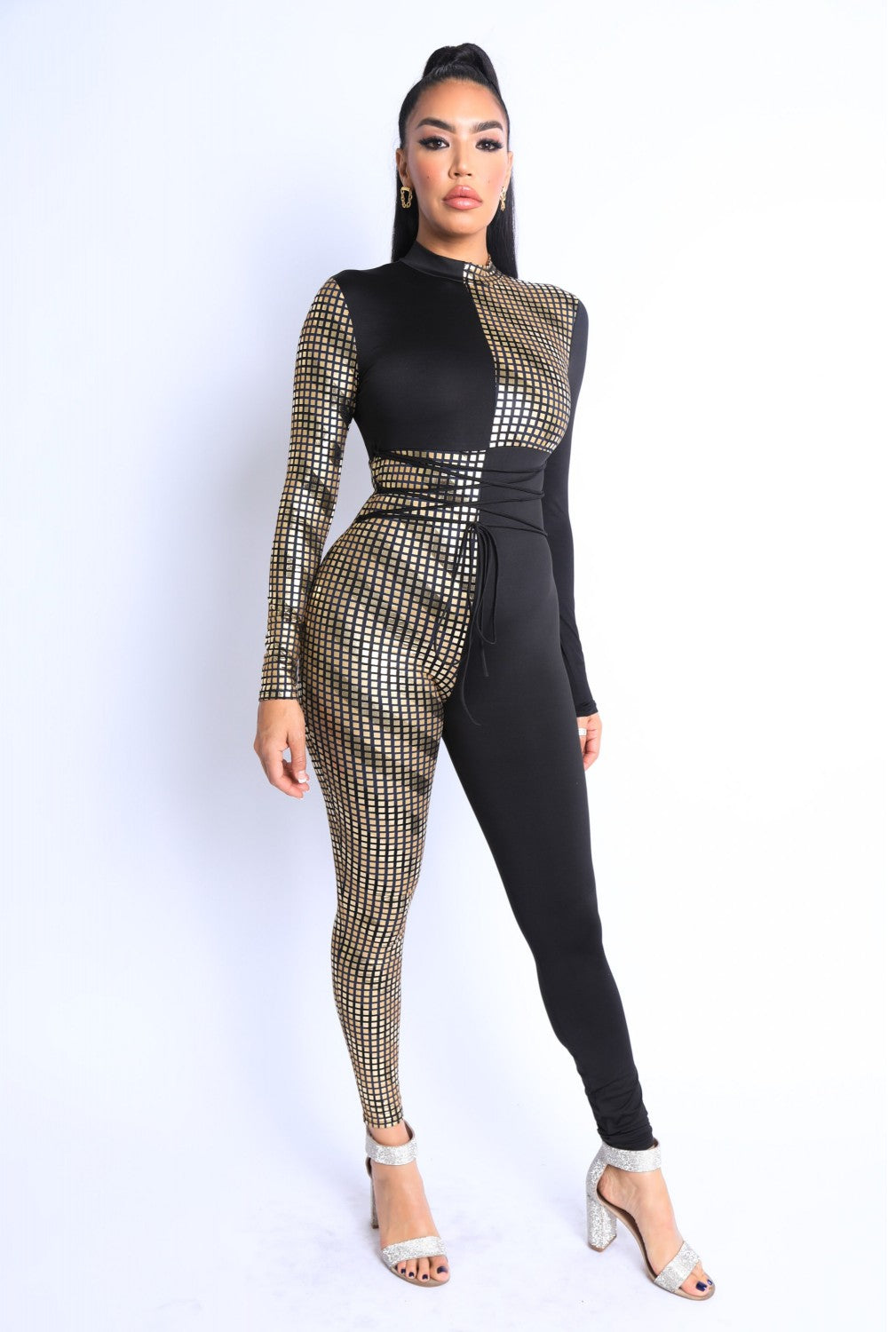 Mosaic Pattern Color Block Tie Detailed Jumpsuit