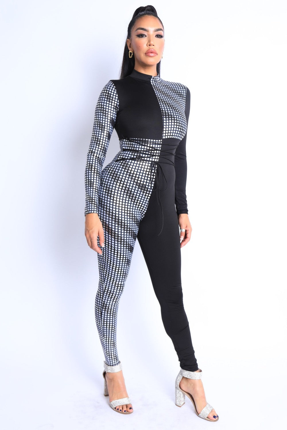 Mosaic Pattern Color Block Tie Detailed Jumpsuit
