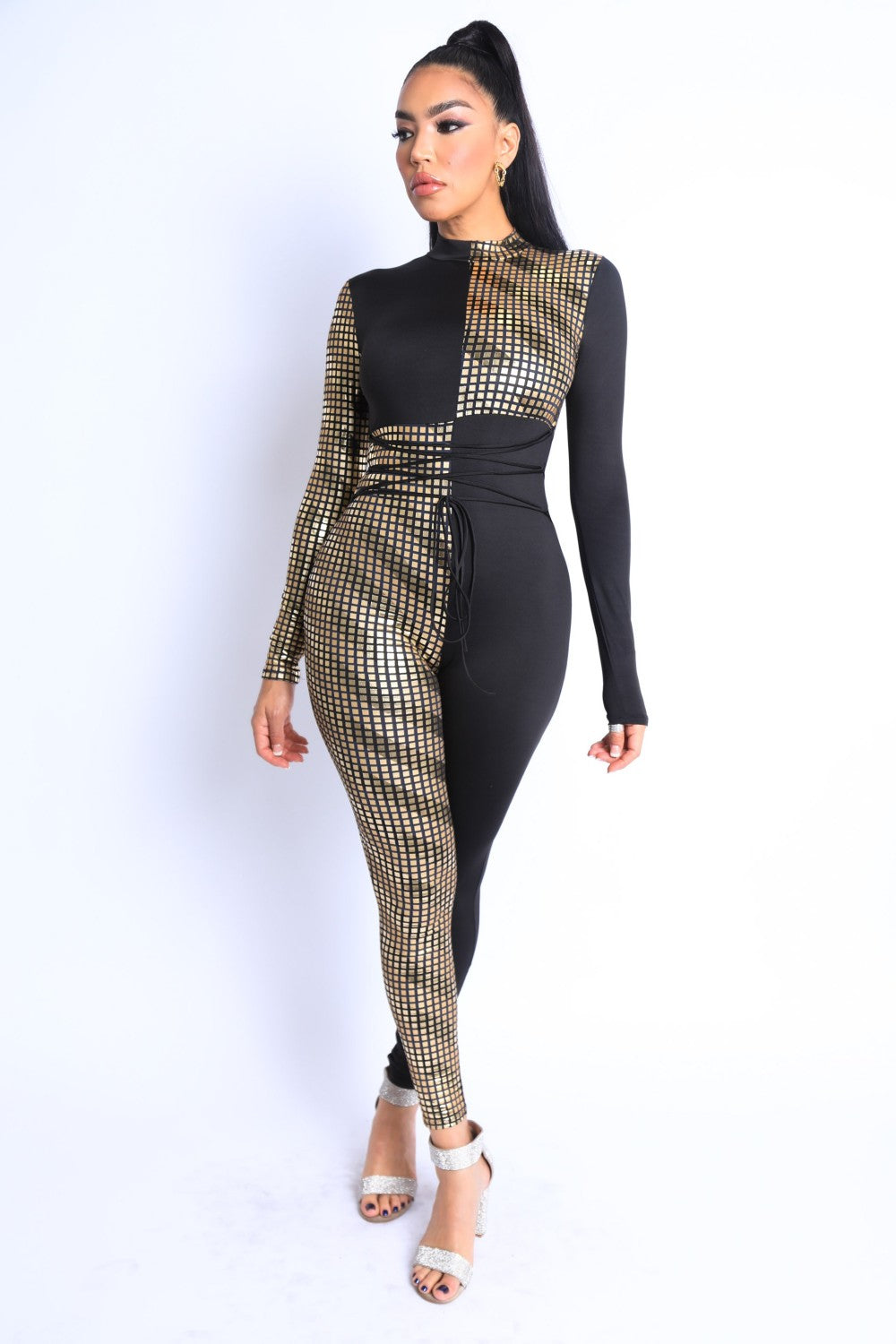 Mosaic Pattern Color Block Tie Detailed Jumpsuit