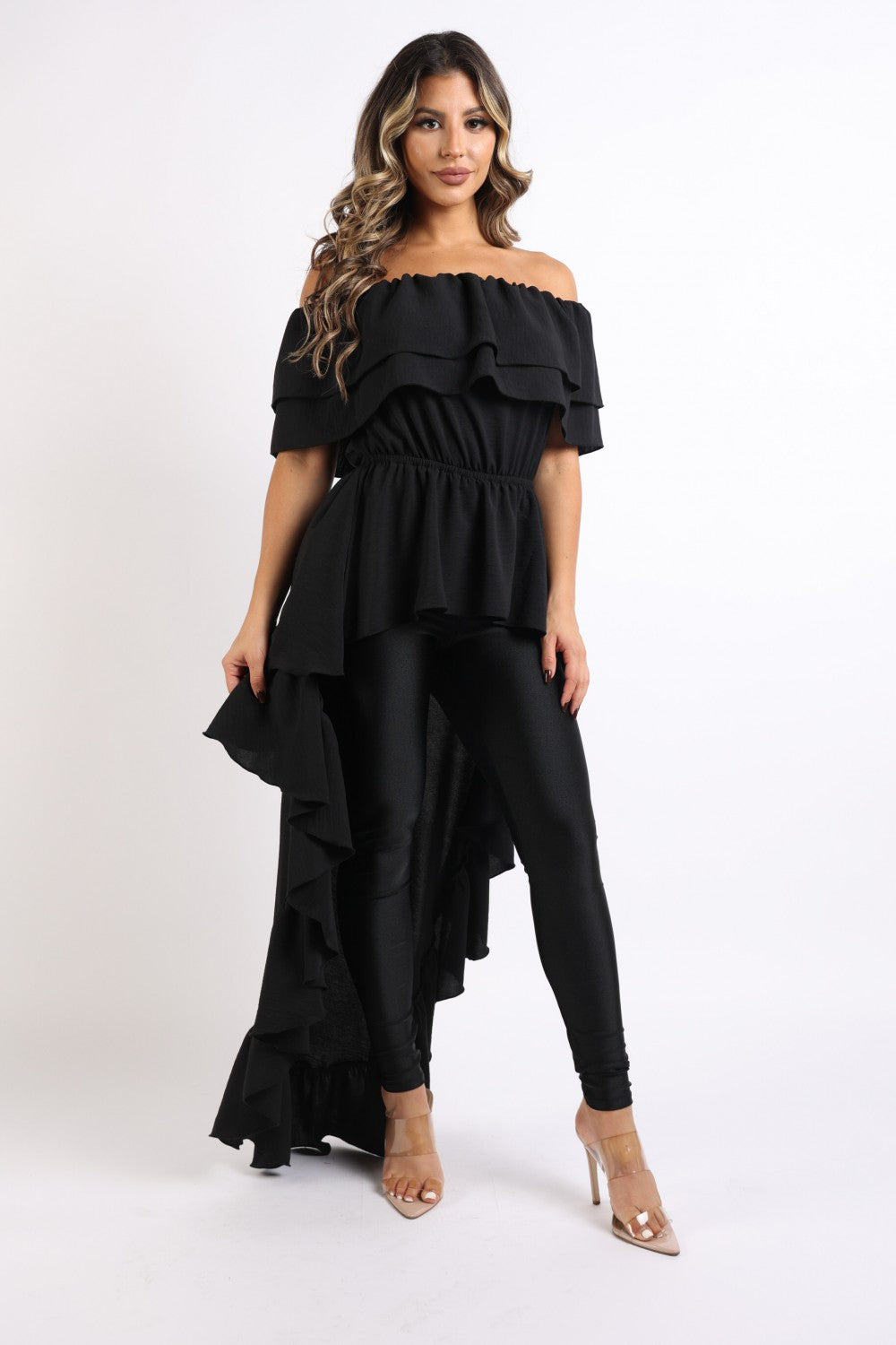 Ruffled Off Shoulder Hi Lo Top