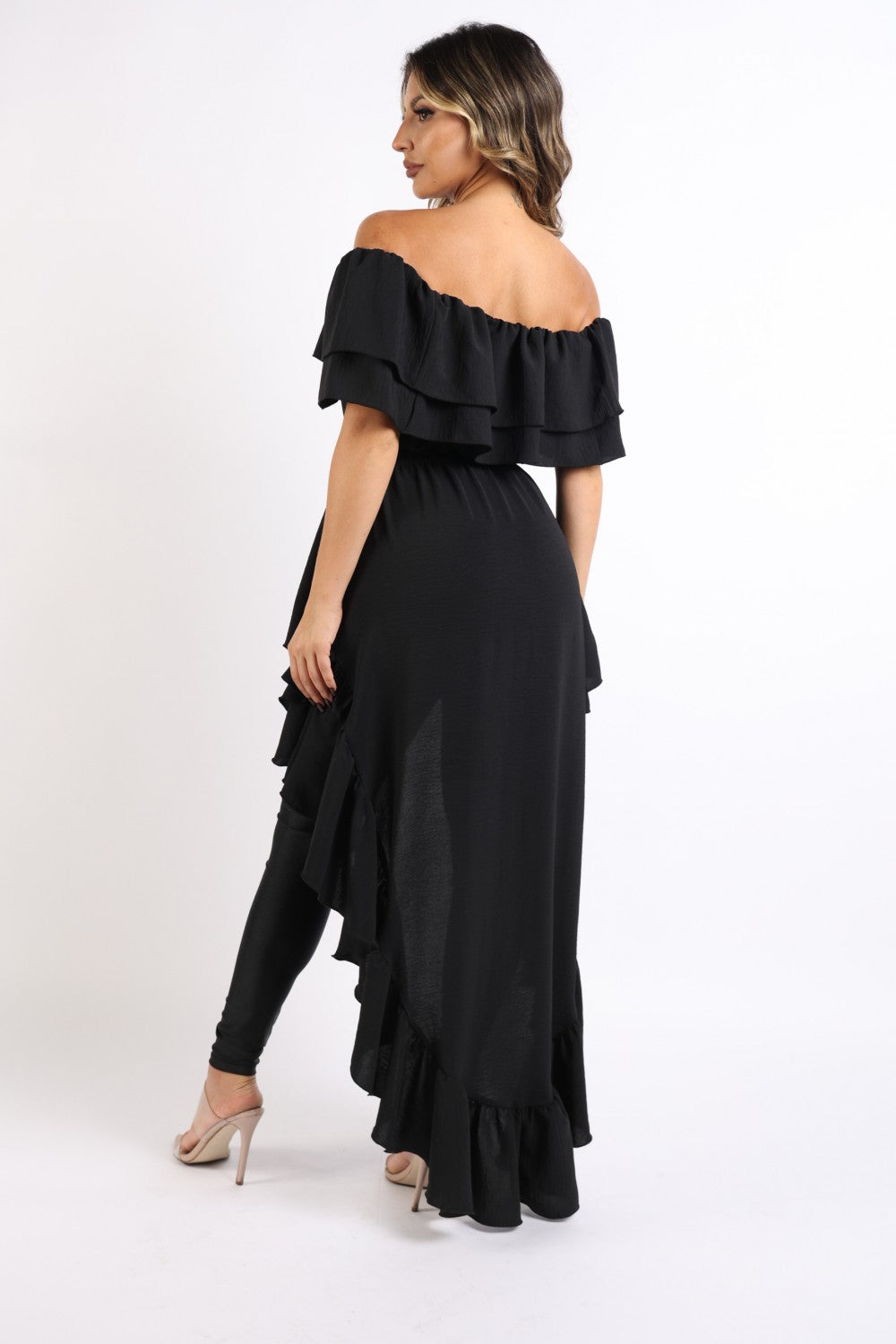 Ruffled Off Shoulder Hi Lo Top