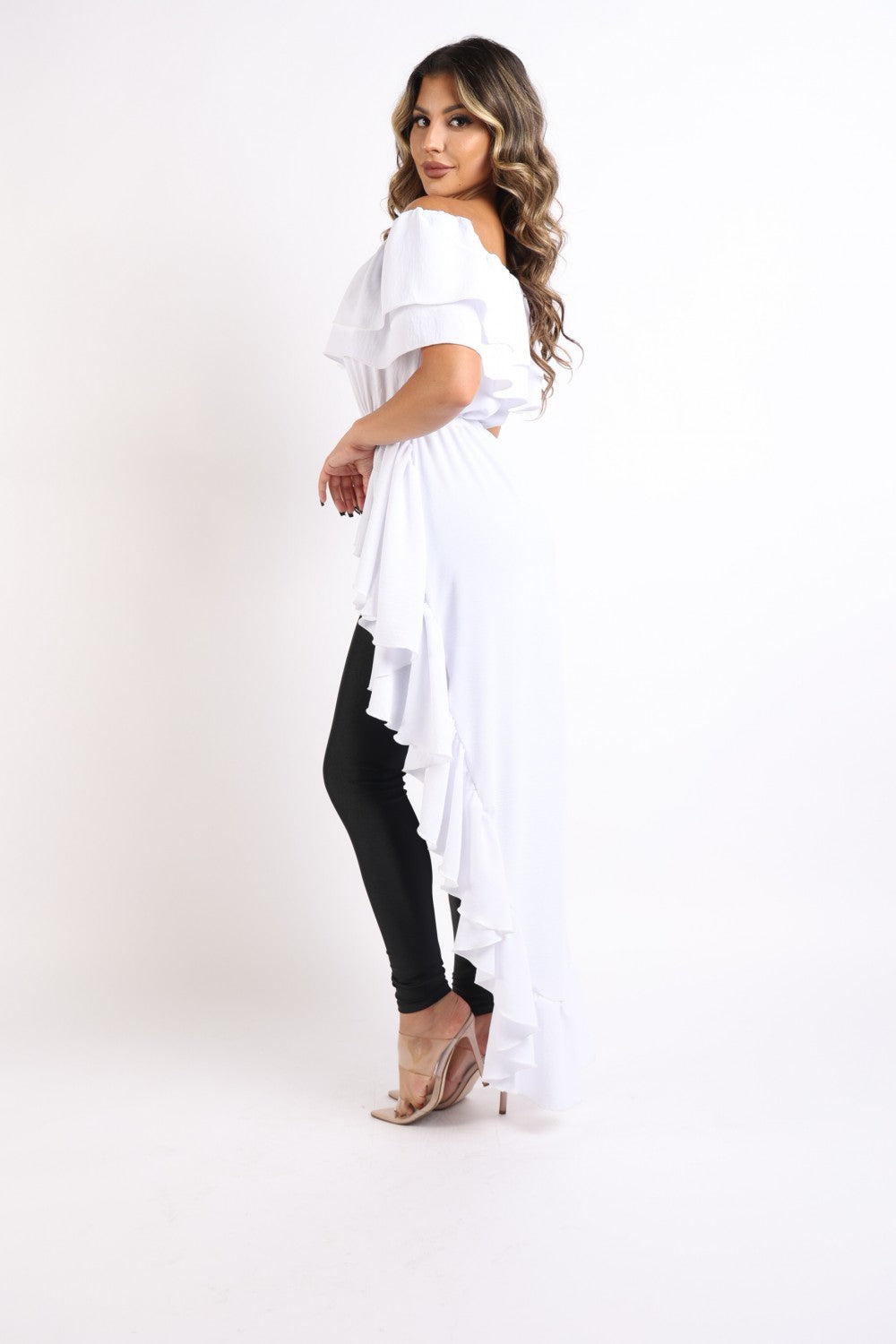 Ruffled Off Shoulder Hi Low Top