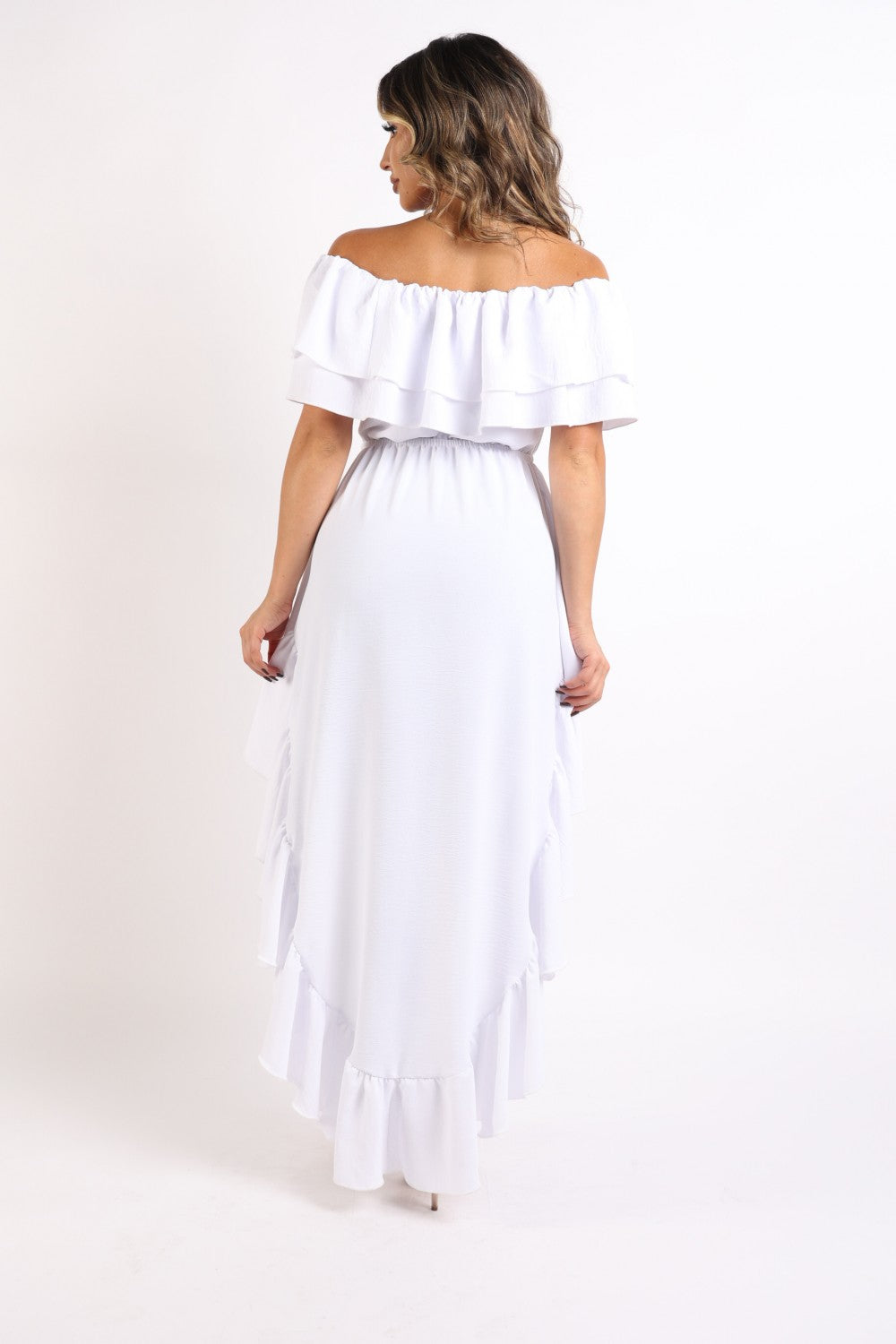 Ruffled Off Shoulder Hi Low Top