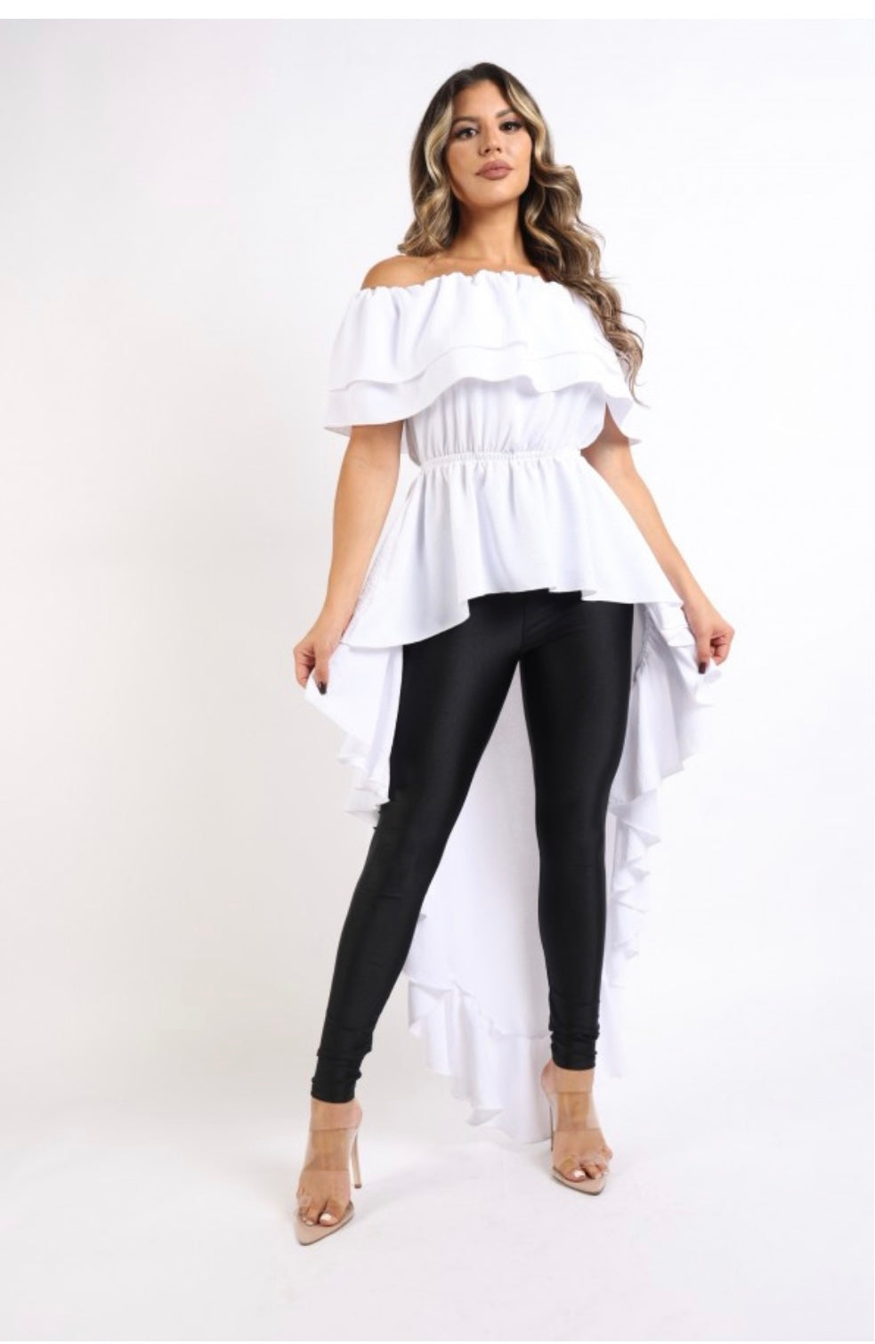 Ruffled Off Shoulder Hi Low Top