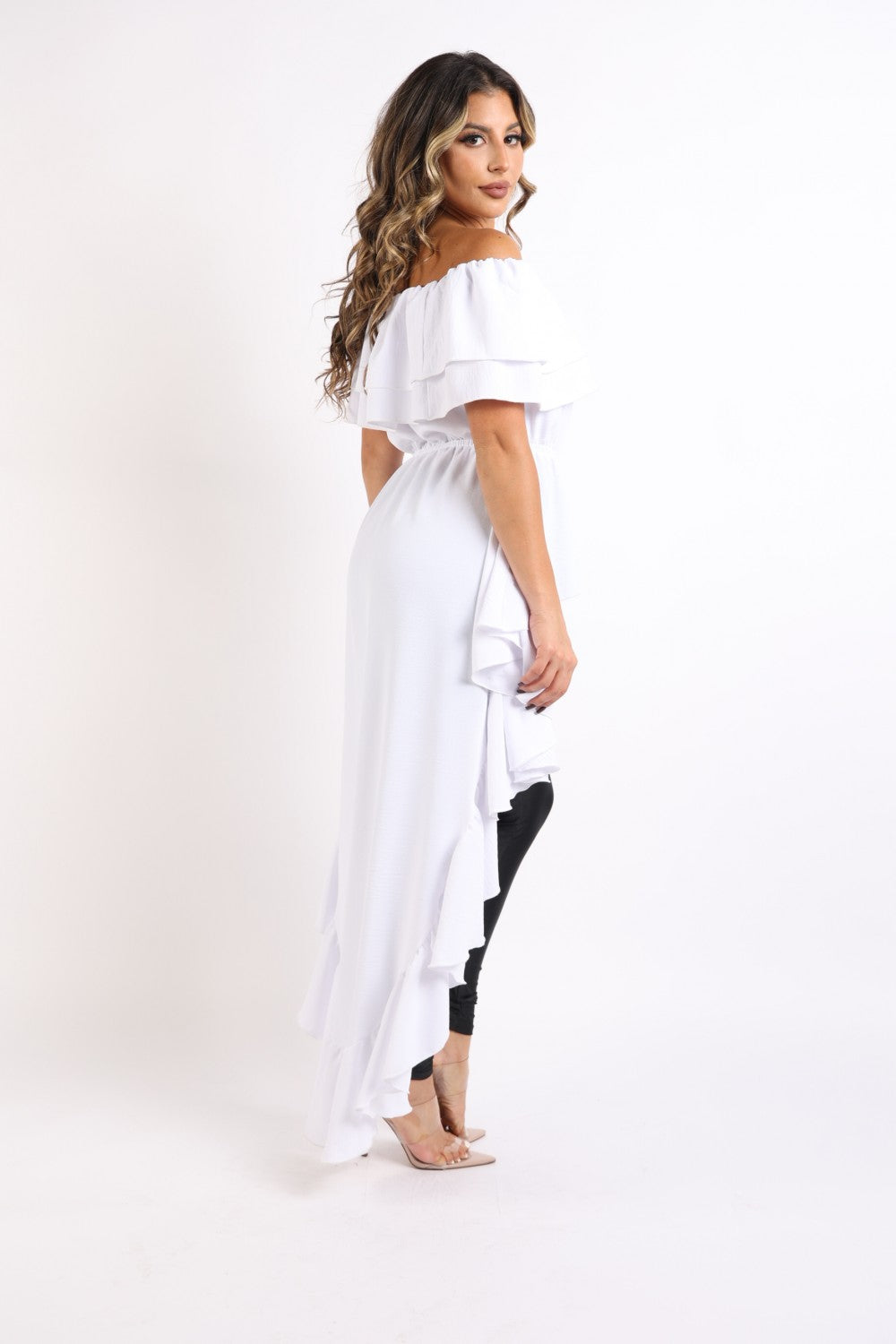 Ruffled Off Shoulder Hi Low Top