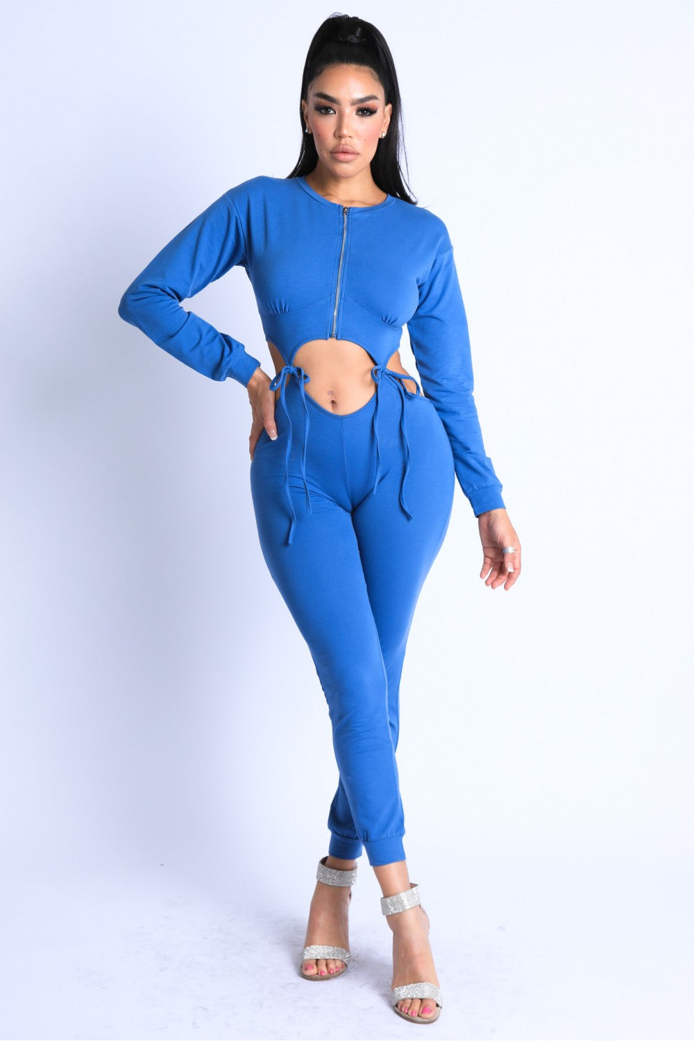 Zip-Up String Tie Detailed Jumpsuit