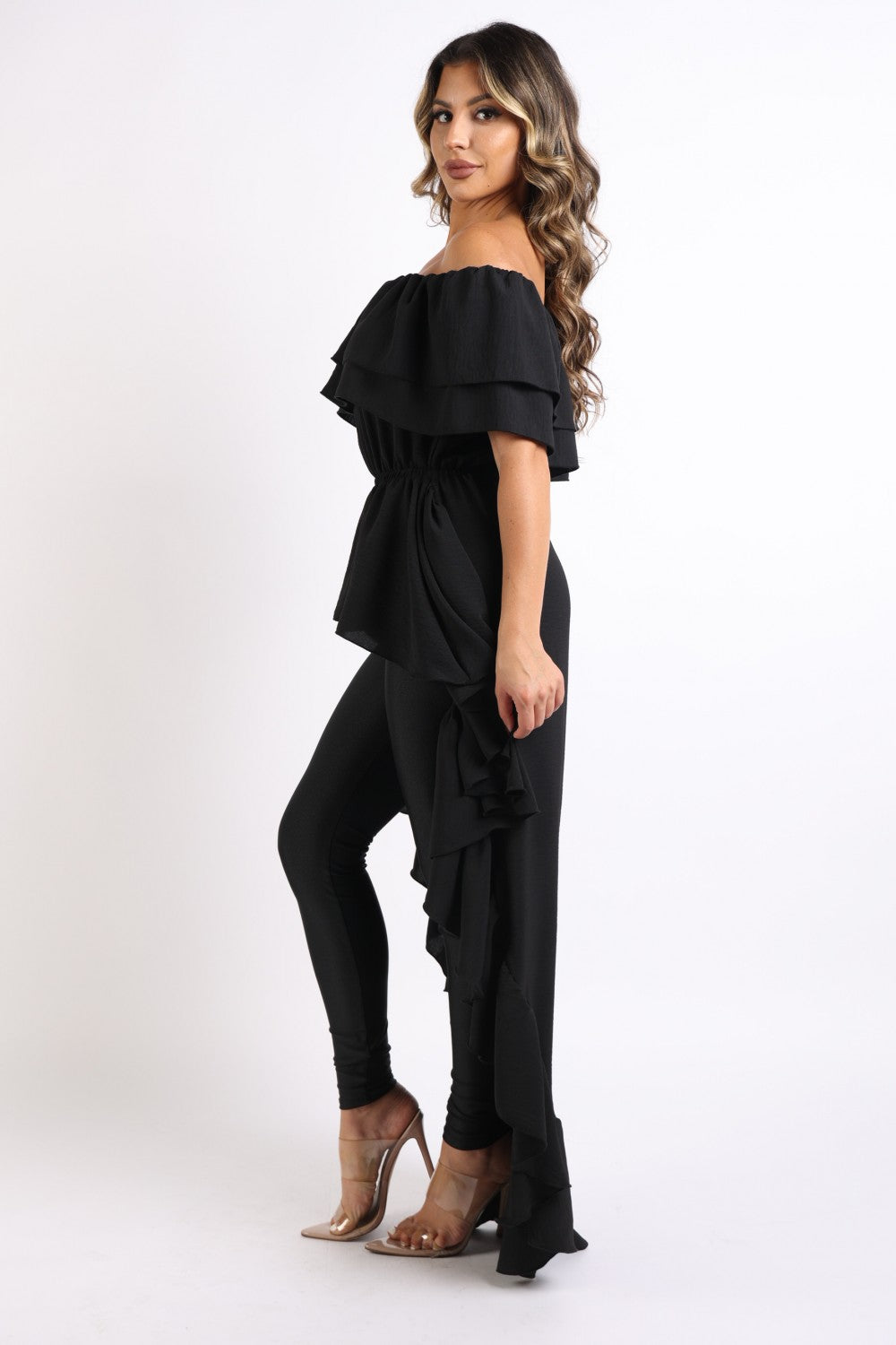 Ruffled Off Shoulder Hi Lo Top